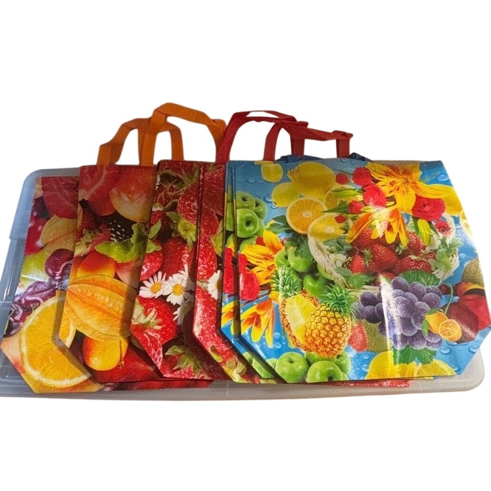 Unbranded Reusable Tote Bag Set 6pc Fruit Print Multicolor Excellent Grocery Eco